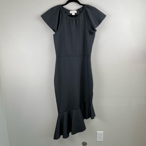 Rachel Parcell Black Ruffle Interlock Scuba Asymmetric Midi Dress XL NWOT - Picture 12 of 13